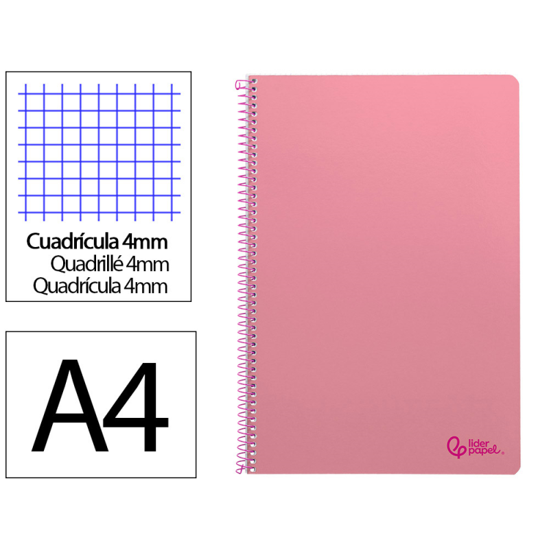 Cuaderno espiral liderpapel a4 smart tapa blanda 80h 75gr cuadro 4mm con margen color rosa