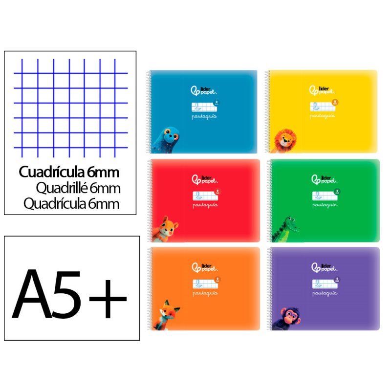 Libreta liderpapel pautaguia tapa cartoncillo 32h din a5+ 75gr cuadriculado pautado 6mm apaisada con margen 6 colores