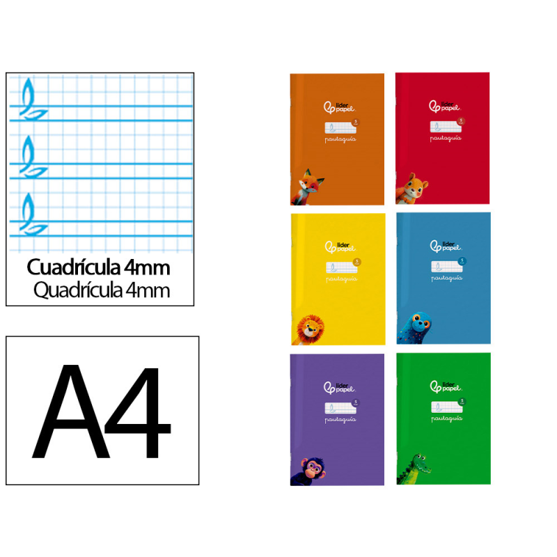 Libreta liderpapel pautaguia tapa cartoncillo 32h a4 75gr cuadriculado pautado 4mm con margen 6 colores surtidos