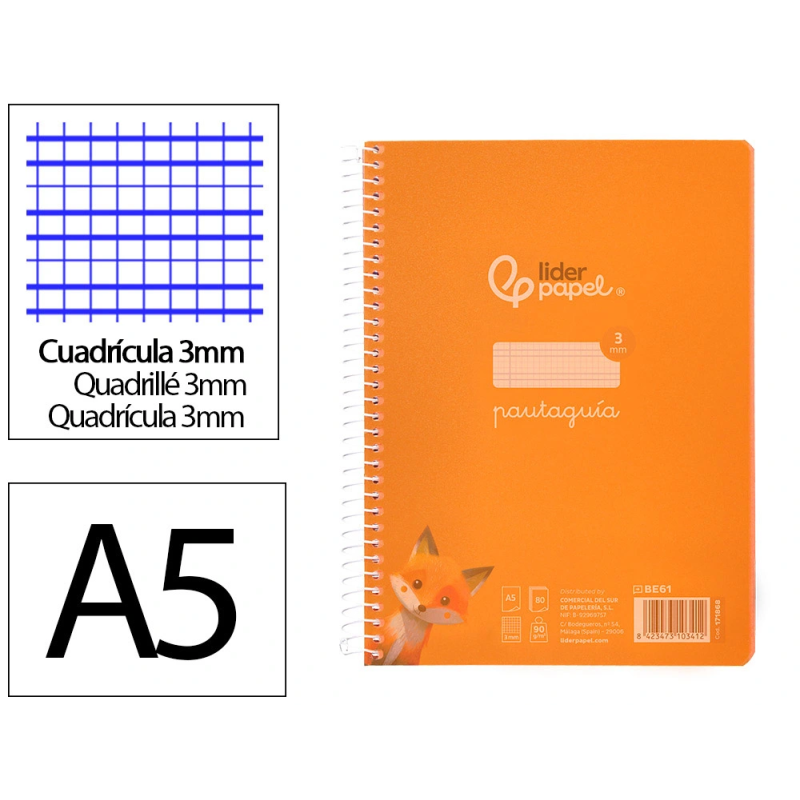 Cuaderno espiral liderpapel a5 pautaguia tapa plastico 80h 90gr cuadro pautado 3mm color naranja
