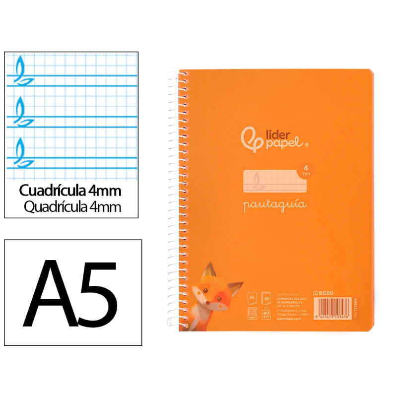 Cuaderno espiral liderpapel a5 pautaguia tapa plastico 80h 90gr cuadro pautado 4mm color naranja