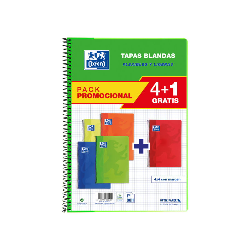 Bloc espiral oxford tapa blanda folio 80 hojas 90gr cuadro 4 mm colores vivos pack de 4+1