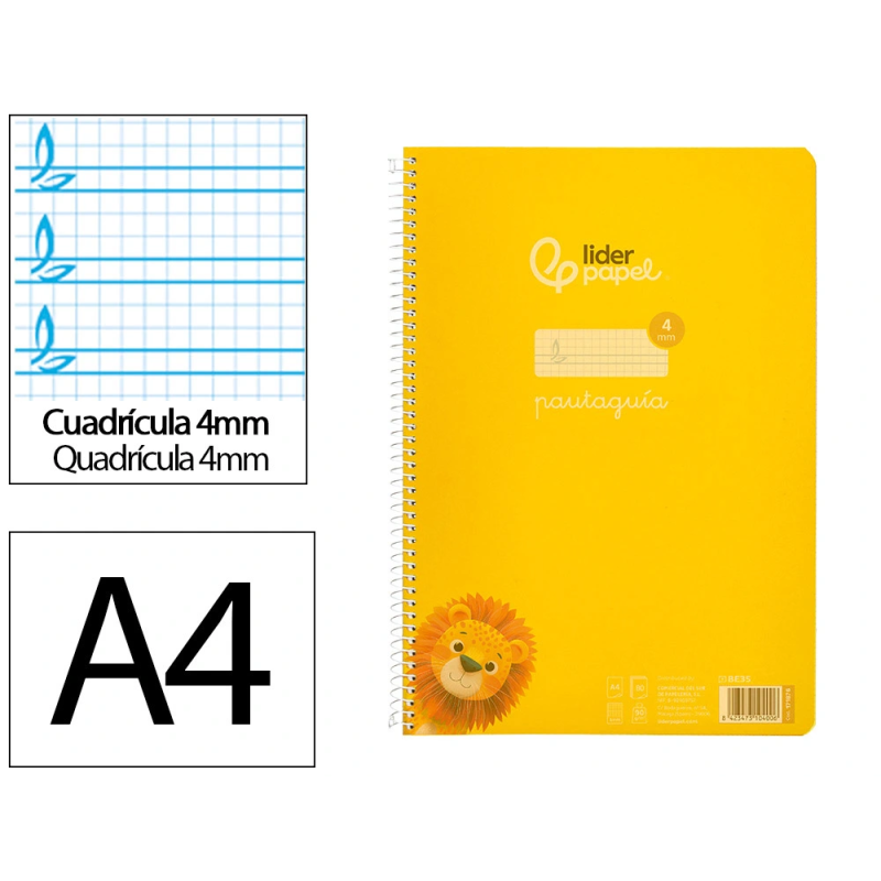 Cuaderno espiral liderpapel a4 pautaguia tapa plastico 80h 90gr cuadro pautado 4mm con margen color amarillo