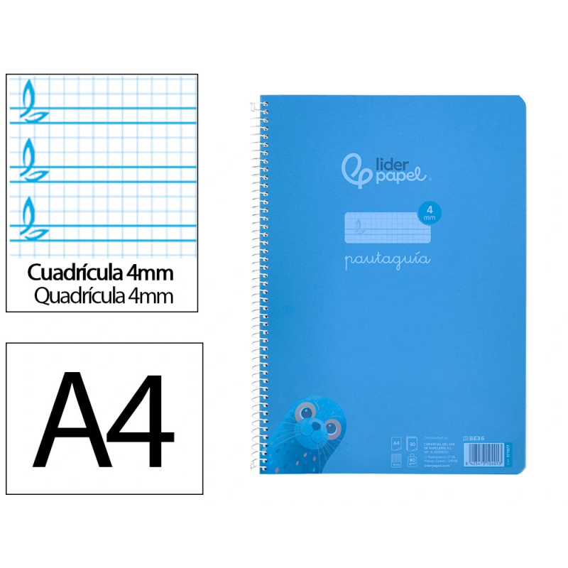 Cuaderno espiral liderpapel a4 pautaguia tapa plastico 80h 90gr cuadro pautado 4mm con margen color azul