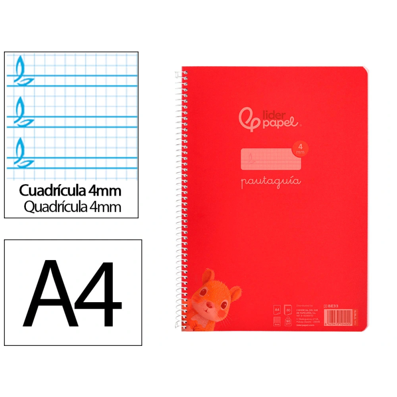Cuaderno espiral liderpapel a4 pautaguia tapa plastico 80h 90gr cuadro pautado 4mm con margen color rojo