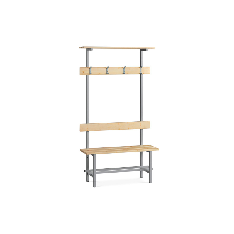Banco de madera con zapatero y perchero superior estructura acero y listones de pino barnizados 1000 mm