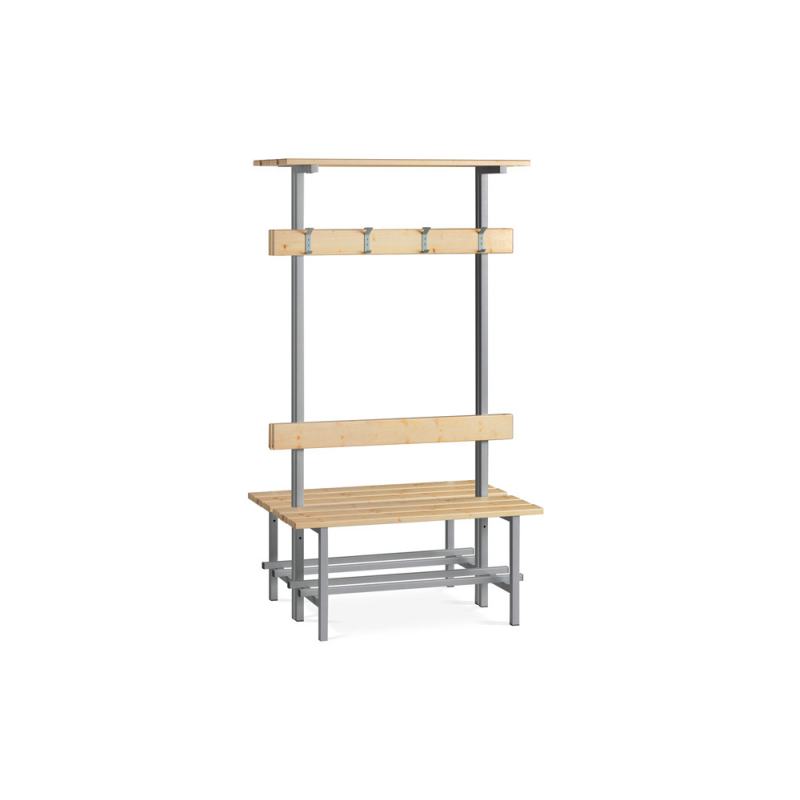Banco de madera doble con zapatero y perchero superior estructura acero y listones de pino barnizados 1000 mm