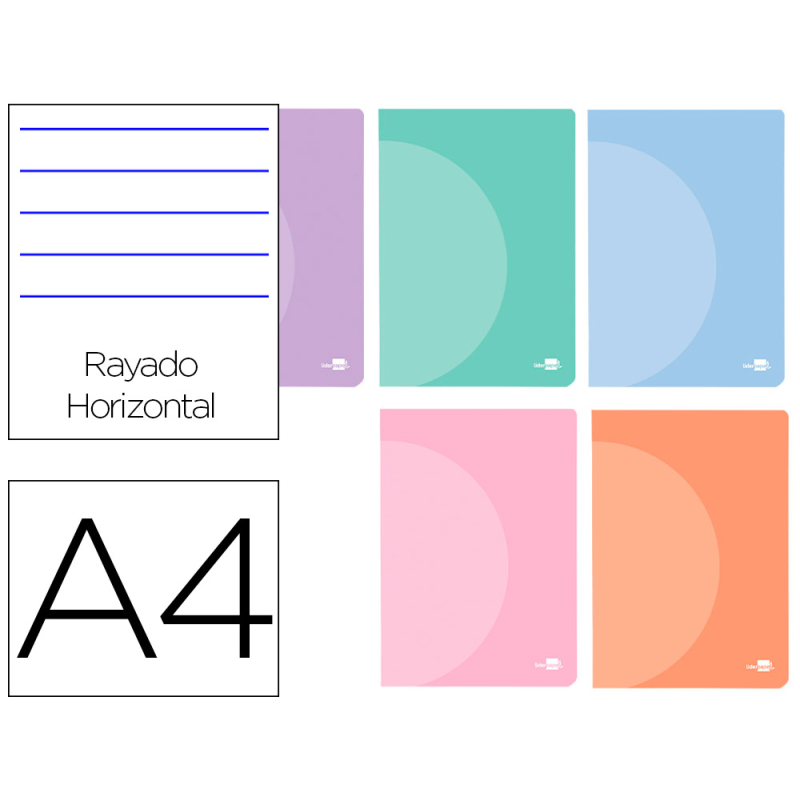 Libreta liderpapel 360 tapa de plastico a4 48 hojas 90gr horizontal con doble margen colores pastel