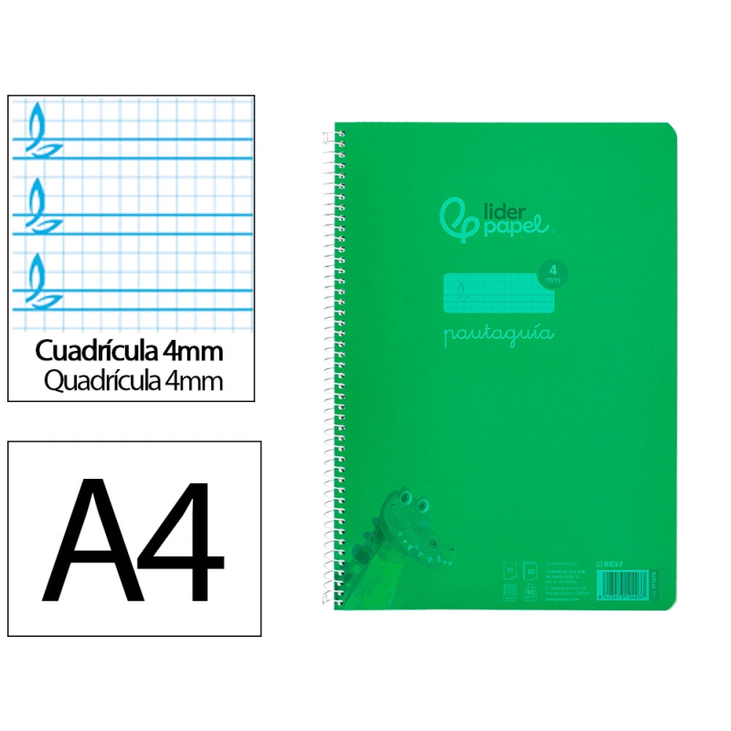 Cuaderno espiral liderpapel a4 pautaguia tapa plastico 80h 90gr cuadro pautado 4mm con margen color verde