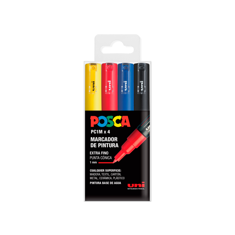 Rotulador uni posca pc-1m/4c marcador de pintura punta extrafina 0,7 mm estuche de 4 unidades colores basicos