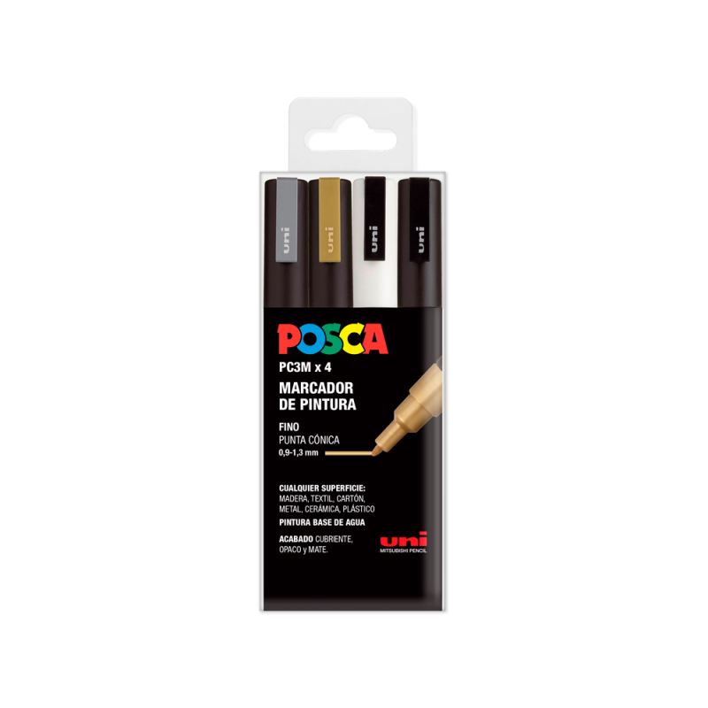 Rotulador uni posca pc-3m/4c marcador de pintura punta conica 0,9-1,3 mm gswb estuche de 4 unidades