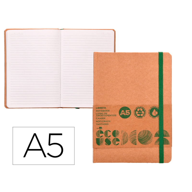 Libreta liderpapel ecouse 100% reciclada a5 96 hojas 70gr horizontal con gomilla y marca paginas