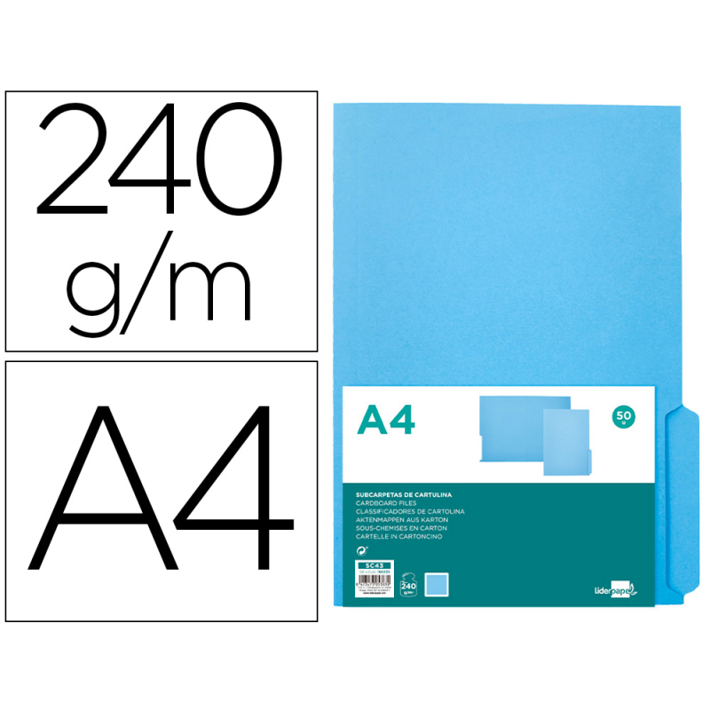 Subcarpeta cartulina liderpapel din a4 pestaña derecha 240g/m2 azul