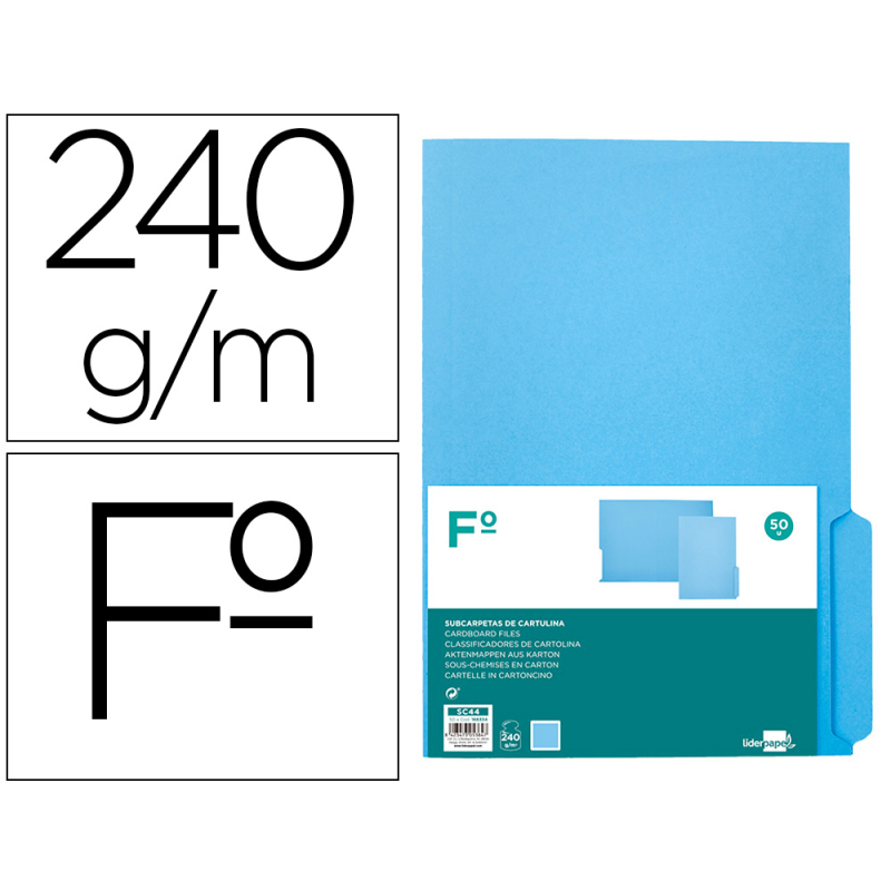 Subcarpeta cartulina liderpapel folio pestaña derecha 240g/m2 azul