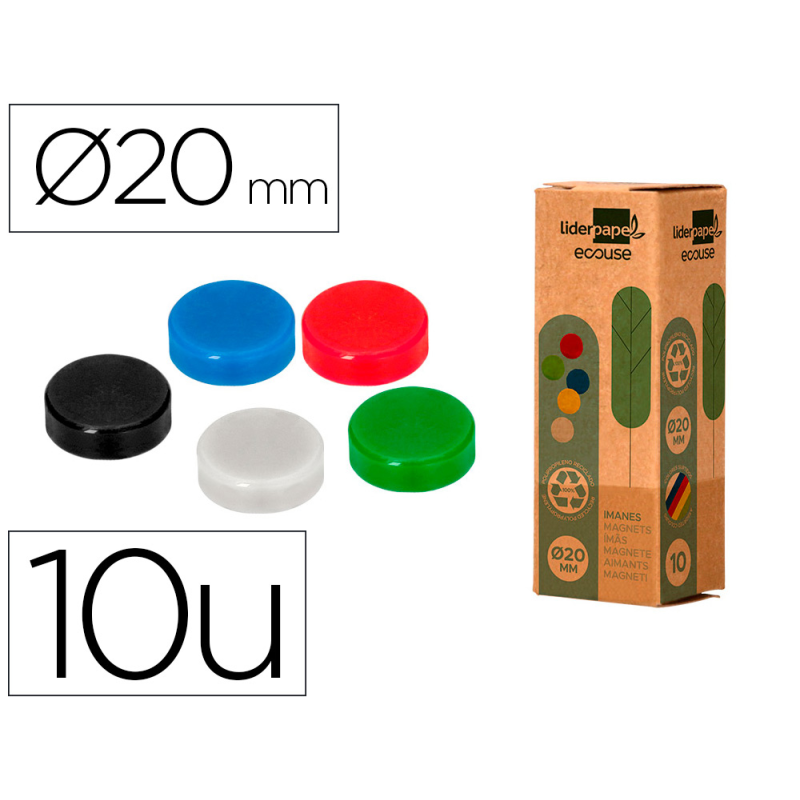 Iman para sujecion liderpapel ecouse pp recicladopara pizarra magnetica 20 mm caja de 10 unidades
