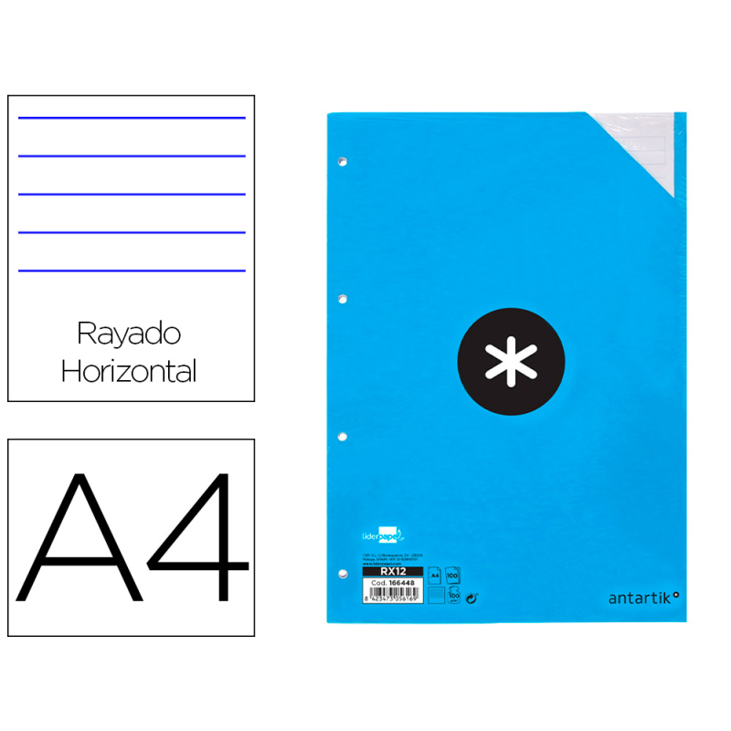 Recambio antartik a4 100 hojas 100gr rayado horizontal 4 taladros bandas de 5 colores