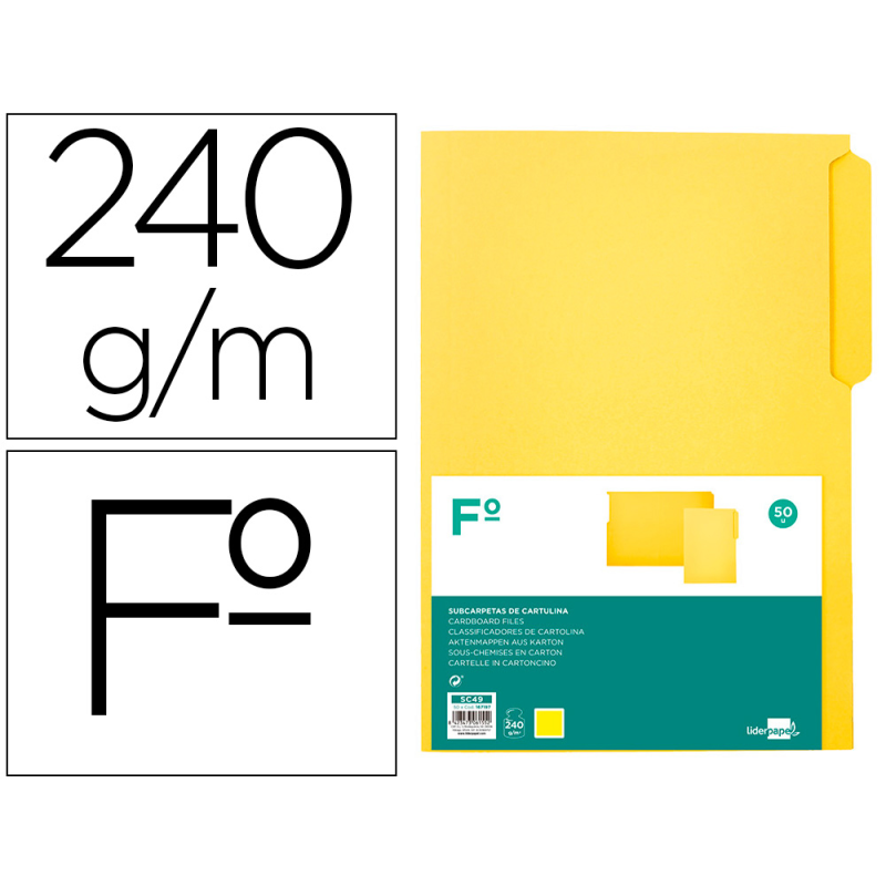 Subcarpeta cartulina liderpapel folio pestaña izquierda 240g/m2 amarillo