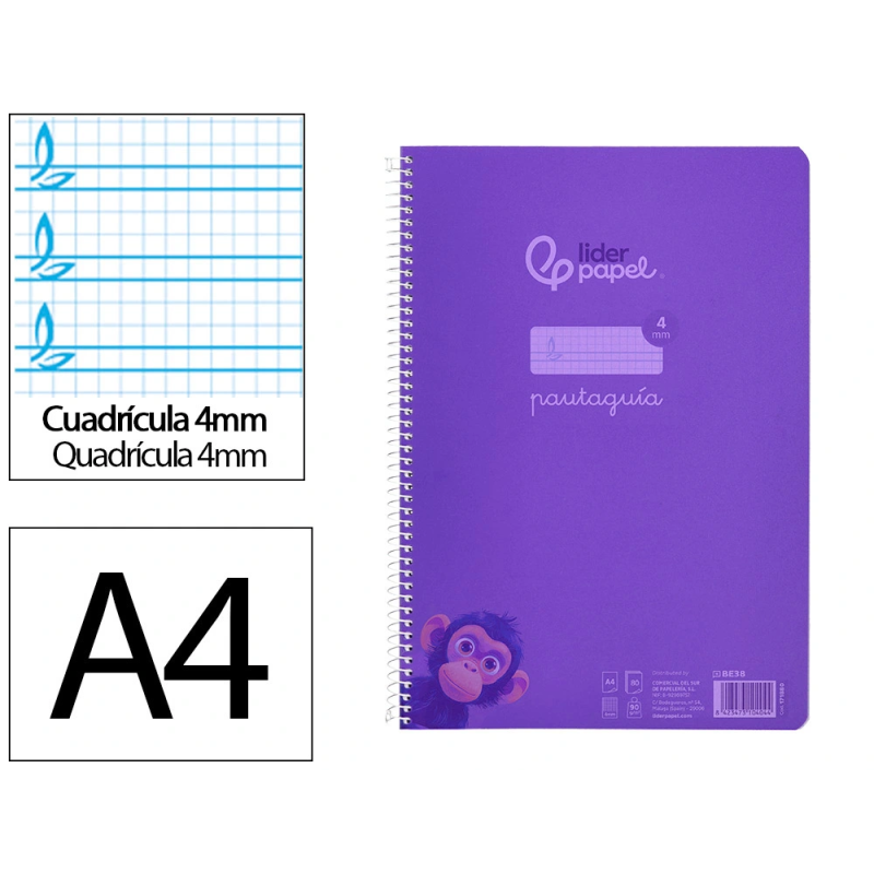 Cuaderno espiral liderpapel a4 pautaguia tapa plastico 80h 90gr cuadro pautado 4mm con margen color lila