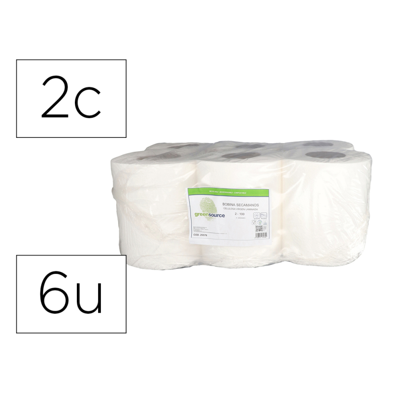 Papel secamanos bunzl greensource celulosa blanco 2 capas 200 mm x 100 mt paquete de 6 unidades