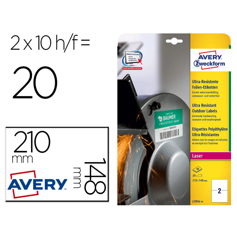 Etiqueta adhesiva avery politileno blanco permanente para laser fotocopiadora 210x148 mm blister 20