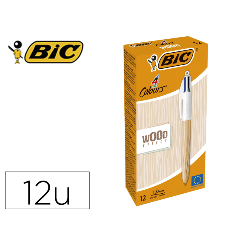 Boligrafo bic cuatro colores wood caja de 12 unidades