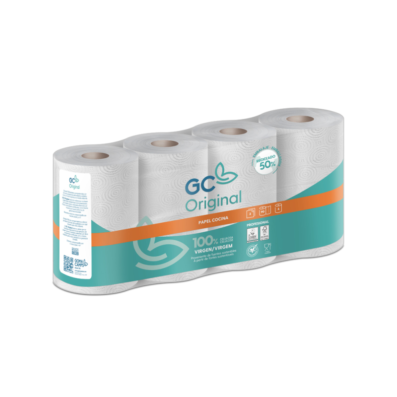 Papel de cocina goma camps 2 capas 90 servicios 224 mm x 21,6 m 21,5 g/m2 paquete de 4 rollos