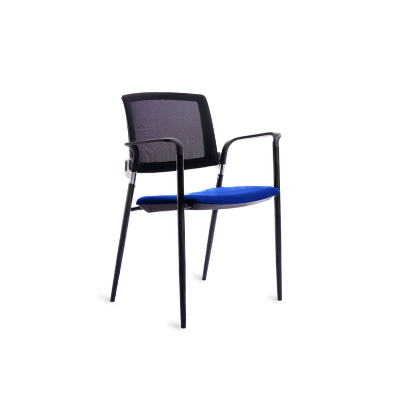 Silla rocada confidente brazos fijos estructura metalica asiento tela ignifuga azul respaldo malla