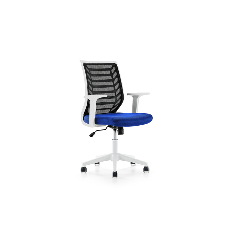 Silla rocada de oficina brazos regulables estructura blanca respaldo malla y asiento tela ignifuga azul