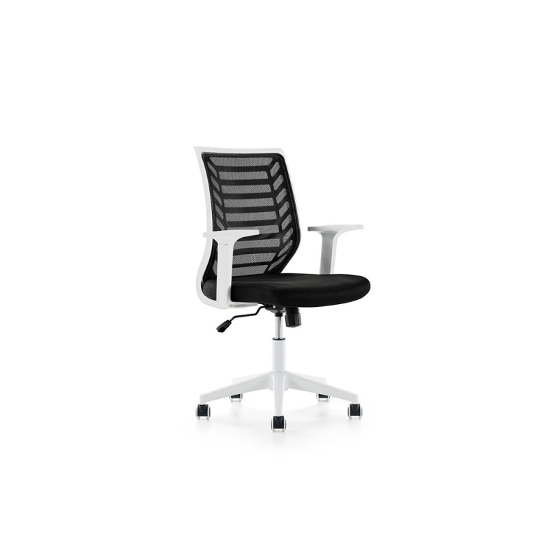 Silla rocada de oficina brazos regulables estructura blanca respaldo malla y asiento tela ignifuga negro