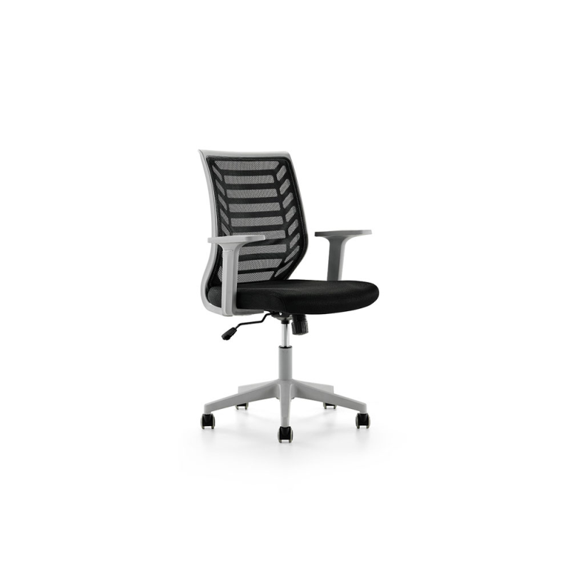 Silla rocada de oficina brazos regulables estructura gris respaldo malla y asiento tela ignifuga negro