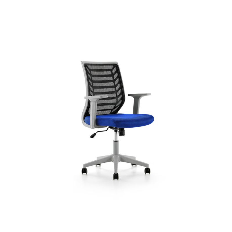 Silla rocada de oficina brazos regulables estructura gris respaldo malla y asiento tela ignifuga azul