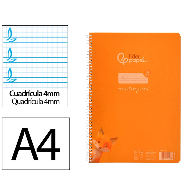 Cuaderno espiral liderpapel a4 pautaguia tapa plastico 80h 90gr cuadro pautado 4mm con margen color naranja