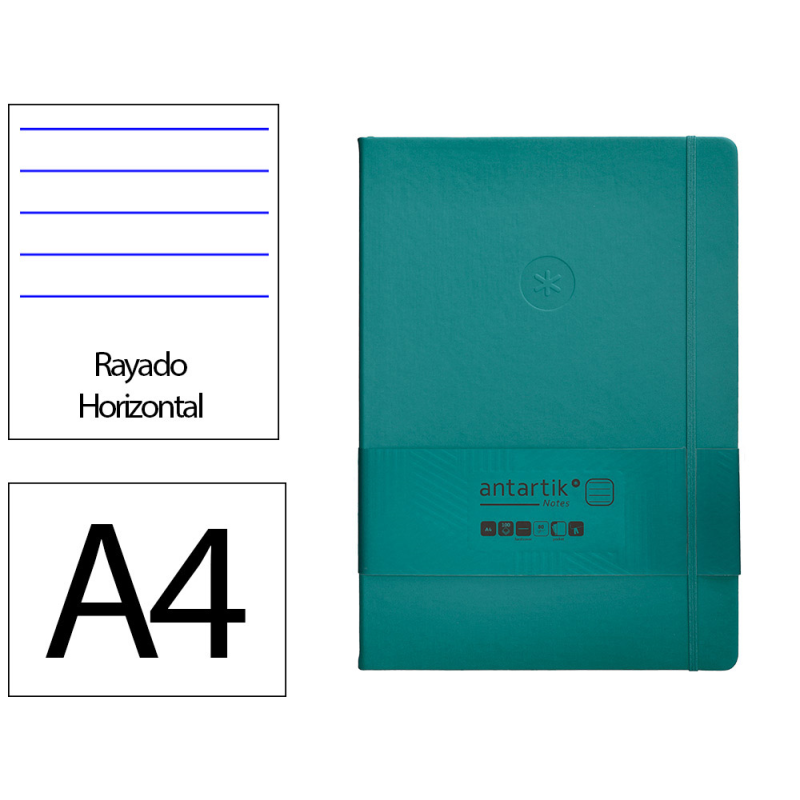 Cuaderno con gomilla antartik notes tapa dura a4 hojas rayas verde aguamarina 100 hojas 80 gr fsc