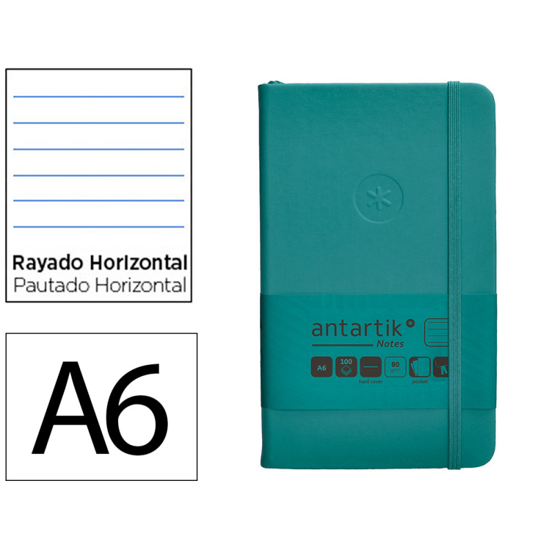 Cuaderno con gomilla antartik notes tapa dura a6 hojas rayas verde aguamarina 100 hojas 80 gr fsc