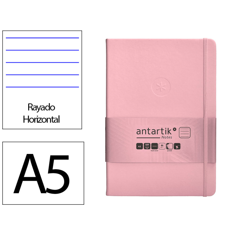 Cuaderno con gomilla antartik notes tapa dura a5 hojas rayas rosa pastel 100 hojas 80 gr fsc