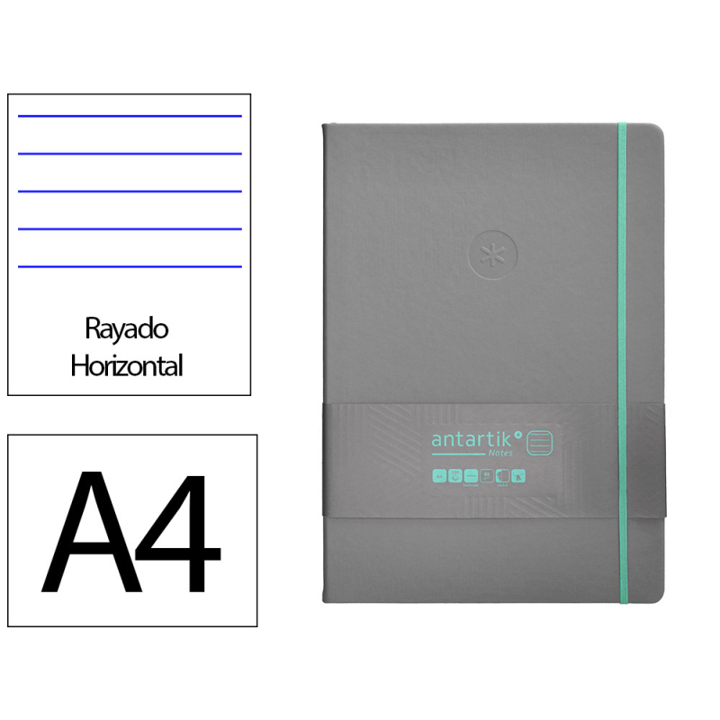 Cuaderno con gomilla antartik notes tapa dura a4 hojas rayas gris y turquesa 100 hojas 80 gr fsc