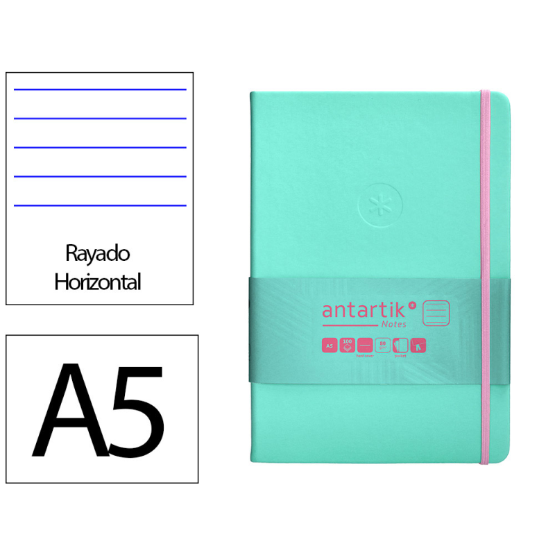 Cuaderno con gomilla antartik notes tapa dura a5 hojas rayas rosa y turquesa 100 hojas 80 gr fsc