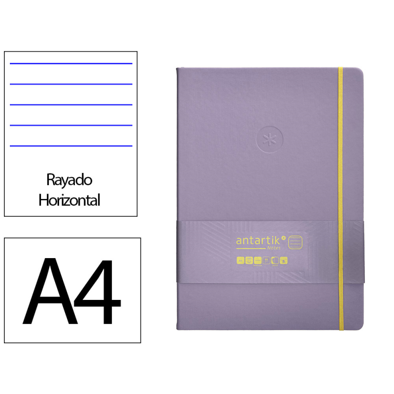 Cuaderno con gomilla antartik notes tapa dura a4 hojas rayas morado y amarillo 100 hojas 80 gr fsc