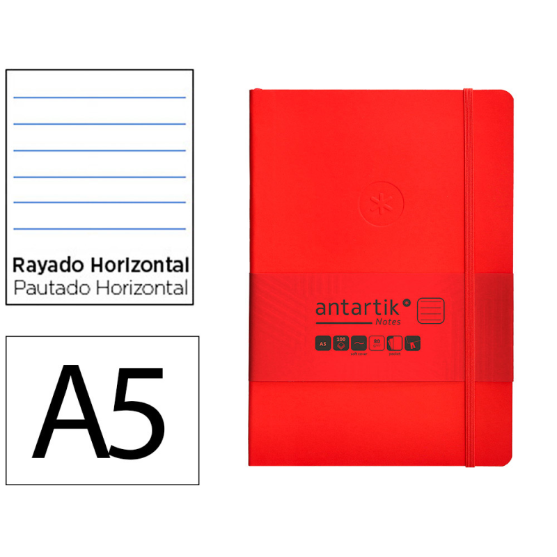 Cuaderno con gomilla antartik notes tapa blanda a5 hojas rayas rojo 80 hojas 80 gr fsc