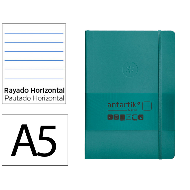 Cuaderno con gomilla antartik notes tapa blanda a5 hojas rayas verde aguamarina 80 hojas 80 gr fsc
