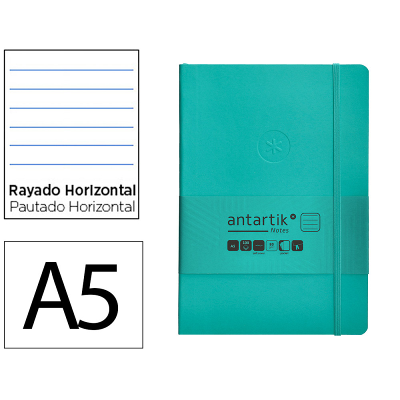 Cuaderno con gomilla antartik notes tapa blanda a5 hojas rayas turquesa 80 hojas 80 gr fsc