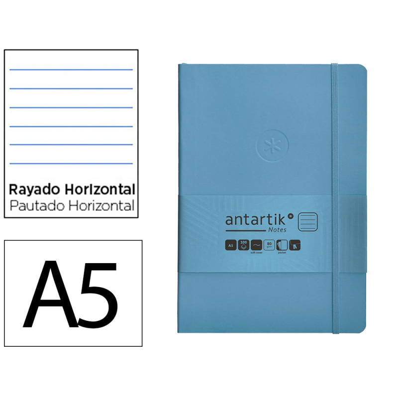 Cuaderno con gomilla antartik notes tapa blanda a5 hojas rayas azul claro 80 hojas 80 gr fsc
