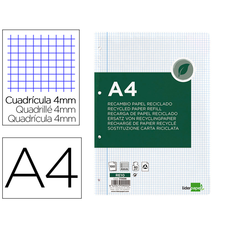 Recambio liderpapel a4 100 hojas papel reciclado 100% 80gr cuadro 4mm con margen 4 taladros