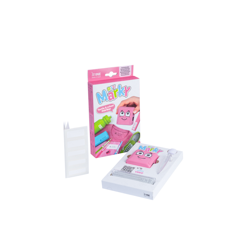 Sello marcador de ropa marky infantil rosa incluye tinta kit de etiquetas y cinta termoadhesiva