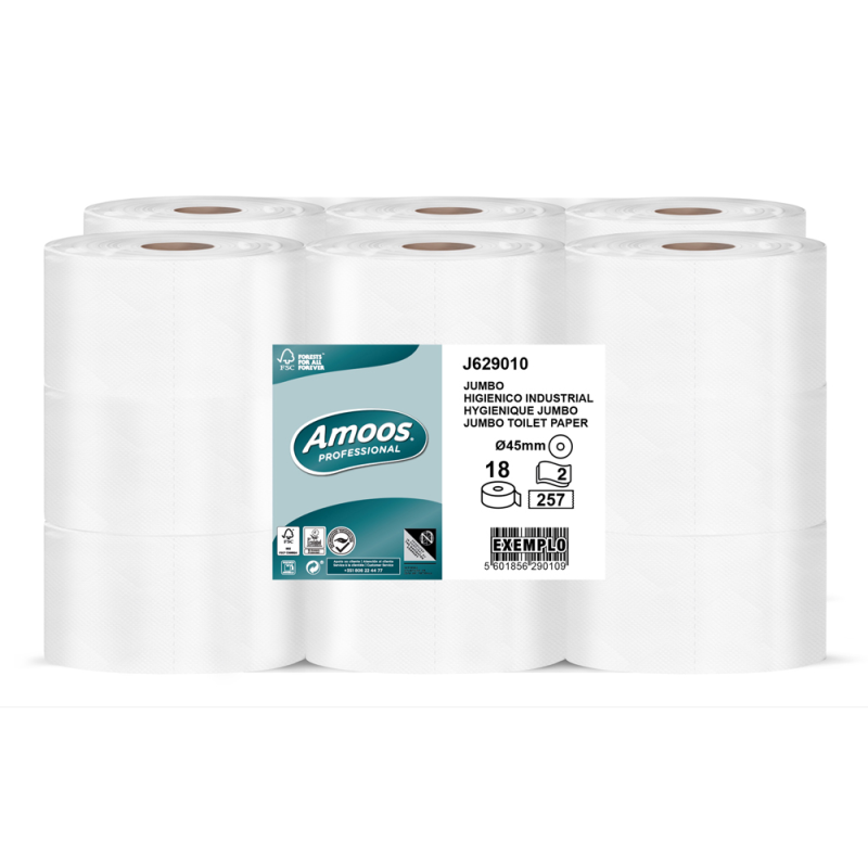 Papel higienico amoos jumbo industrial 2 capas 30g/m2 paquete de 18 rollos