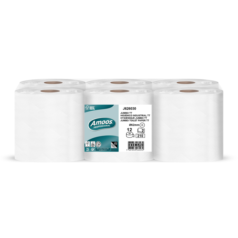 Papel higienico amoos jumbo industrial 2 capas 30g/m2 paquete de 12 rollos