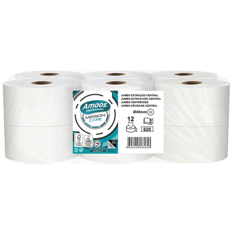 Papel higienico amoos jumbo industrial mission care extraccion central 2 capas 33g/m2 paquete de 12 rollos