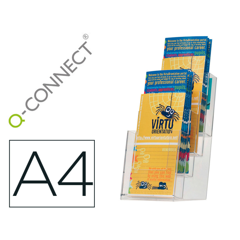 Expositor sobremesa q-connect metacrilato 1/3 din a4 para tripticos 4 compartimentos 110x155x265 mm