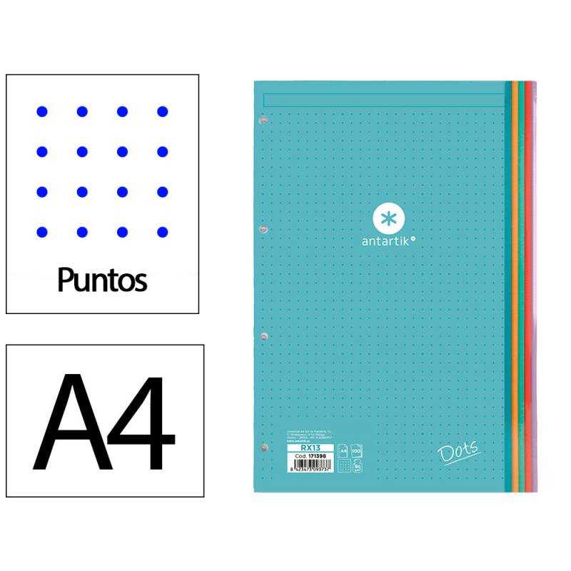 Recambio antartik a4 100 hojas 90gr puntos dots 4 taladros bandas de 5 colores