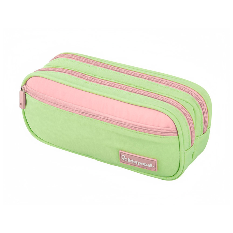Estuche portatodo liderpapel duo 3 cremalleras con bolsillofrontal verde pastel 220x90x70mm
